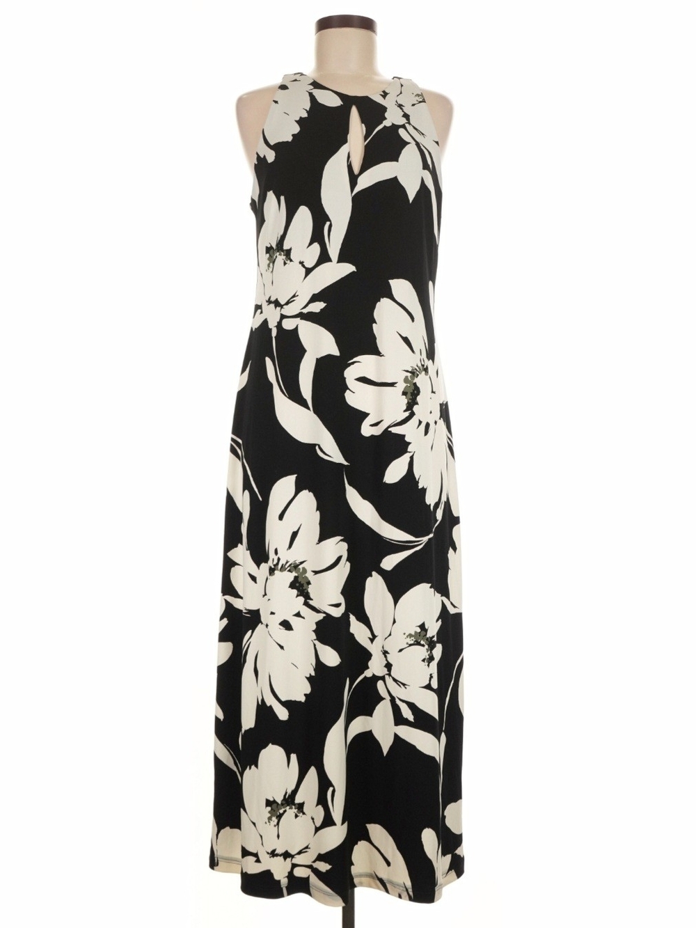 Tommy Bahama Black and White Floral Halter Maxi Dress with Keyhole